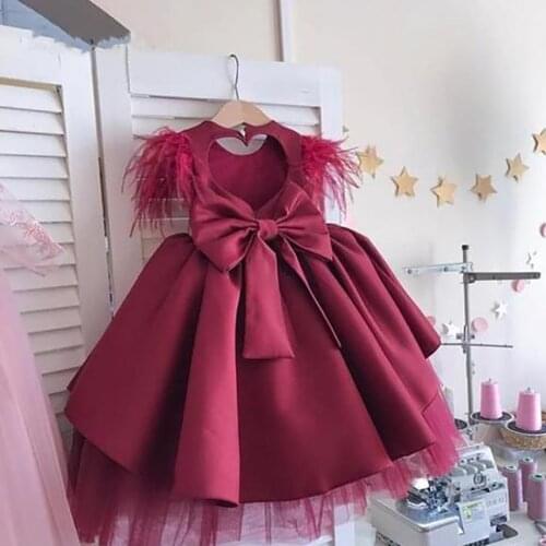 Burgundy New Baby Girl Dresses Feathers Cap Sleeve Keyhole Back Girls Wedding Party Dresses First Birthday Dress