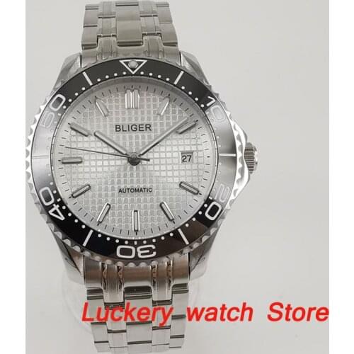 Bliger 41mm watch white dial Luminous saphire glass;Ceramic Spin Bezel Stainless steel strap mens Automatic mechanical watches