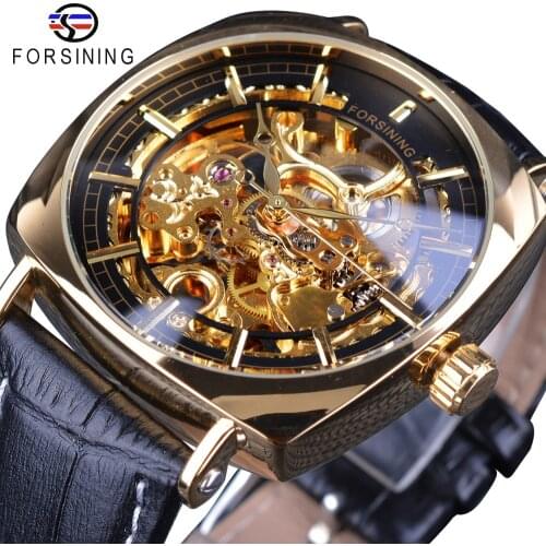 Forsining Watch 2018 Classic Golden Luxury Skeleton Mechanical Watches Waterproof Black Genuine Leather Mens Wristwatches Male