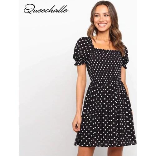 Black Polka Dot Beach Dresses Women Summer Casual Short Sleeve Boho Mini Dress Party Elegant Square Collar Sundress Vestidos