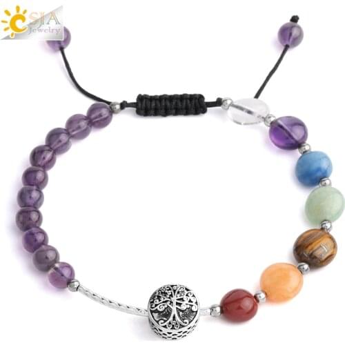 CSJA Chakra Irregular Natural Stone Braided Bracelet Tree of Life Rope Adjustable Lettering Charms Bangle Jewelry for Women F987