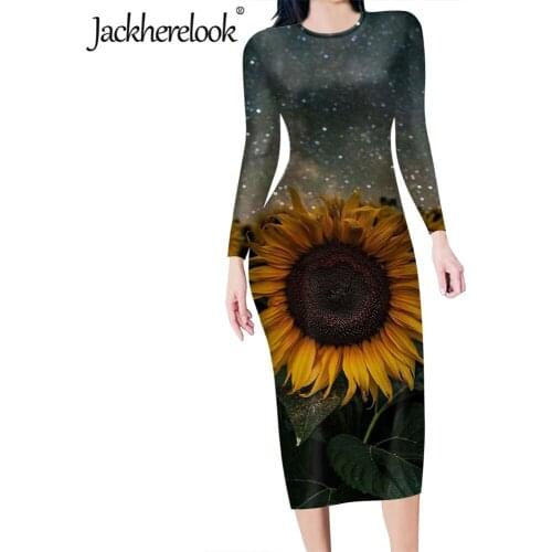 Jackherelook Sunflower Harajuku Party Midi Pencil Dresses Yellow Floral Long Sleeve Bodycon Dress for Womens Vestito Da Donna