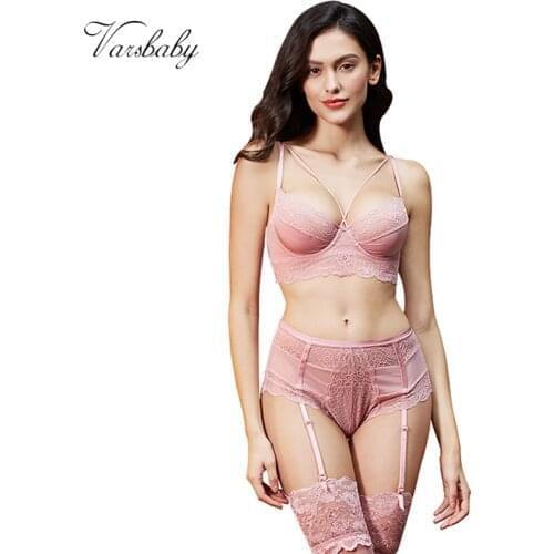 Varsbaby sexy Y-lined unlined underwear floral lace 3/4 cup underwire bra set bra+panties+stockings 3 pcs