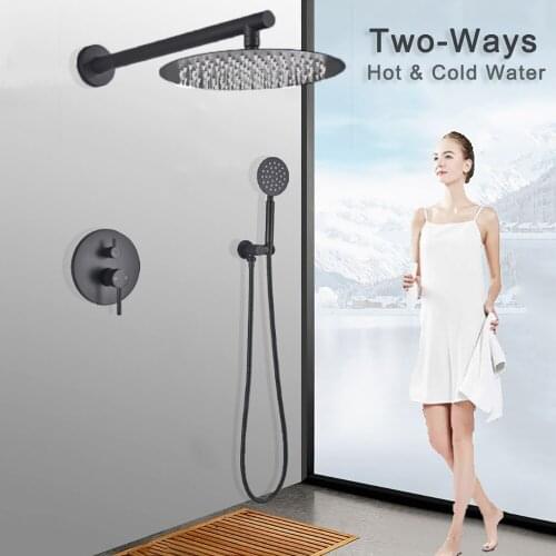 Matte Black 2-Ways Rainfall Shower Set Faucets In Wall Ultrathin Round ShowerHead Bath Hot&Cold Water Mixer Handshower Watering