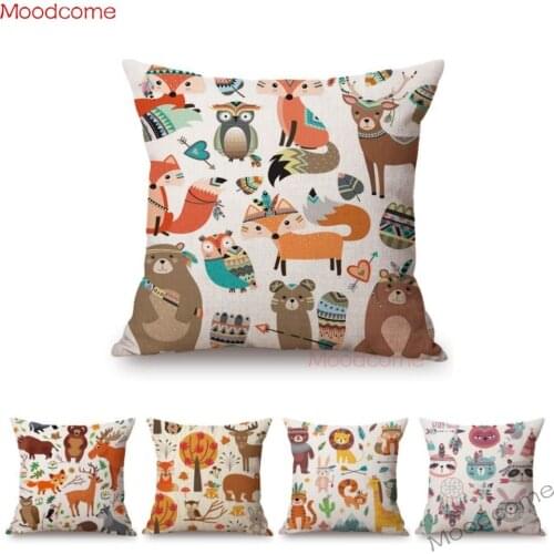 Cute Baby Nursery Woodland Theme Forest Animals Fox Bear Raccoon Owl Elk Sofa Pillow Cover Baby Room Decoration Cushion Cover