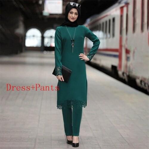 2021 News 2PCS Woman Muslim Abaya Dress Islamic Dubai Solid Hollow Out Long Sleeve Lady Elegant Lace Middle East Top Pants Set