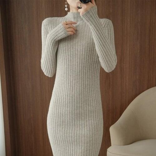 Autumn Winter New Simple Mid-Length Skirt Over The Knee,Womens Half-High Collar Waist Slimming,Warm Bottoming Knitted Dress