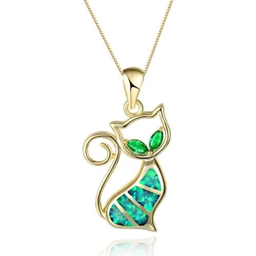 Green Fire Opal Cute Small Cat Pendant Necklace Vintage Rose Gold Silver Color Chain Necklaces For Women Fashion Animal Necklace