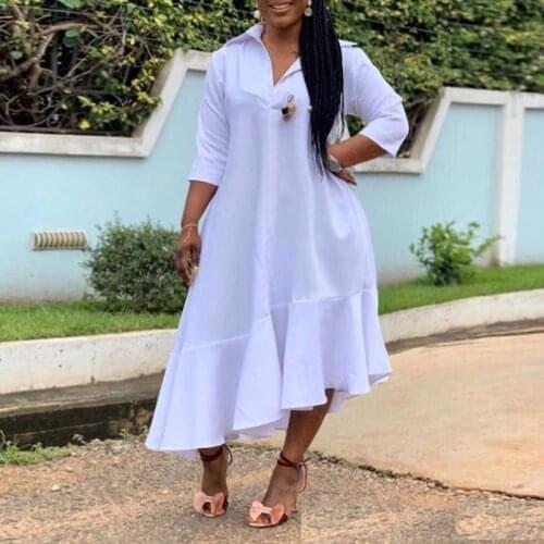 Holiday Women Sundress 2021 VONDA Ruffled Dress 3/4 Sleeve Lapel Collar Irregular Hem Party Long Dresses Casual Vestido