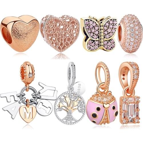 Real 925 Sterling Silver Charm Bead Rose Gold Ladybug Family Tree Heart Beads Fit Original Charms Bracelets DIY Jewelry