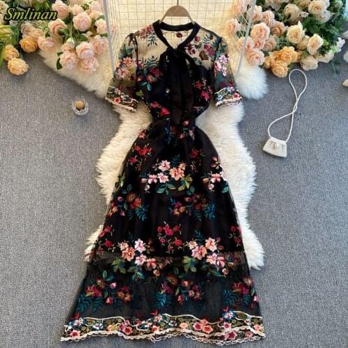 Smlinan 2021 Summer Embroidery Floral Mesh Dress Women O Neck Short Sleeve Tulle Long Dresses Vintage Sexy Evening Party Dress