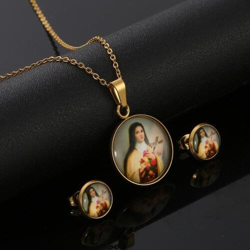 Virgin Mary Jewelry Set Women Men Catholic Charms Pendant Necklace Earrings Gold Color Accessories