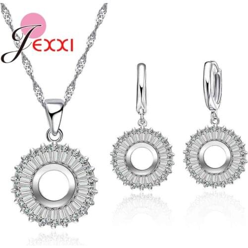 Women Round Pendant Neckalce Hoop Earrings Sets 925 Sterling Silver Luxury Jewelry Sets CZ Crystal Wedding Party Gifts
