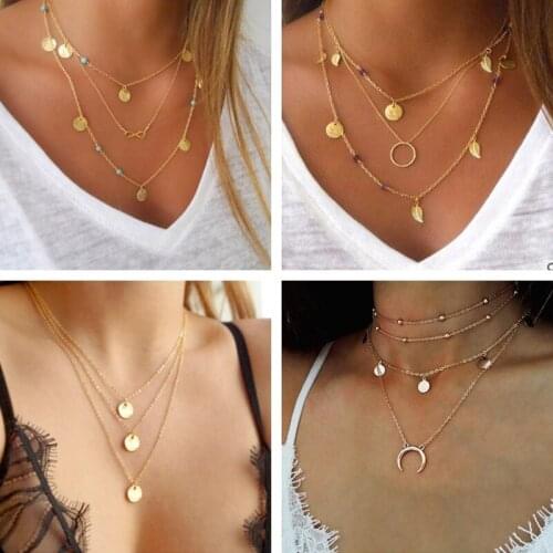 Bohemian Beads Multi Layer Small Hollow Leaves Moon Cross Pendants Necklaces for Women Gold Silver Color Clavicle Chain Jewelry