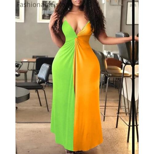 Women Deep V-Neck Colorblock Twist Ruched Sleeveless Maxi Dress