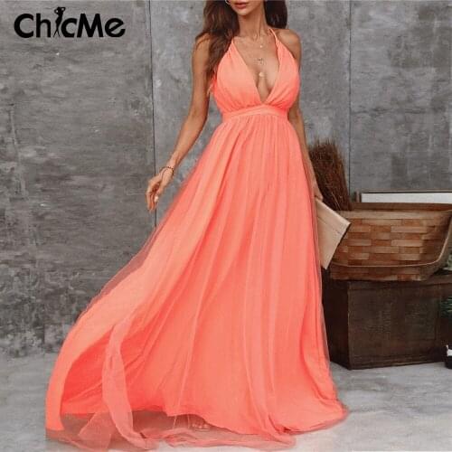 Chicme Women Maxi Crisscross Backless Mesh Patch Party Dress V-Neck Sleeveless Open Back Party Night Evening Birthday Dress Sexy