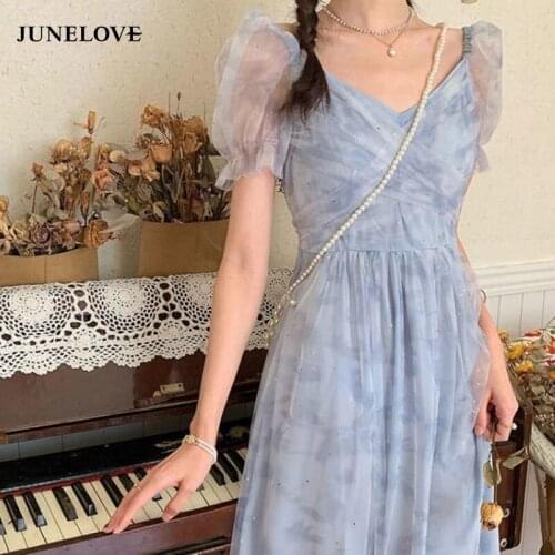 JuneLove V-neck Elegant Vintage Dress Women Short Sleeve Chiffon Sequined Dress Korean Party Beach Dress Sweet Chic 2021 Summer