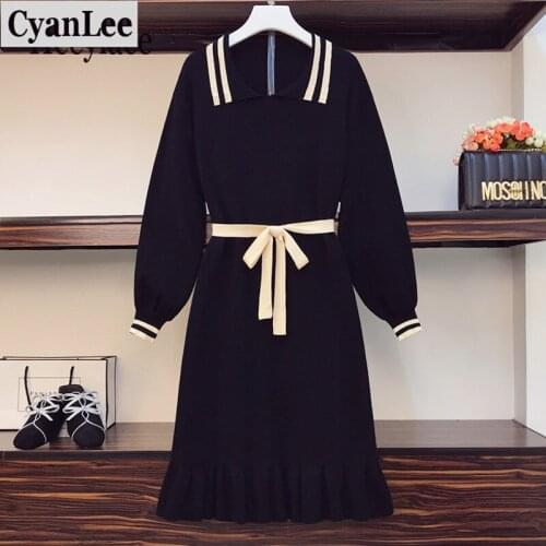 Cyanlee plus size women fall winter warm knitted sweater dresses long sleeve vintage black dresses autumn ruffles mermaid dress