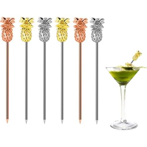 6PCS Martini Picks with Pineapple Charms, 100% Stainless Steel Metal -Set of 6