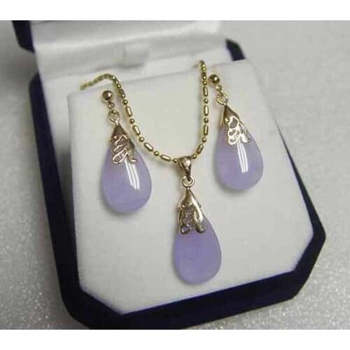 AAA Beautiful Jewelry Purple jade pendant necklace earring set