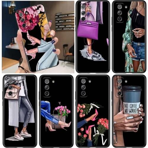 High Heels Flower Girl for Samsung Galaxy S21 Ultra Plus Note 20 10 9 8 S10 S9 S8 S7 S6 Edge Plus Black Phone Case