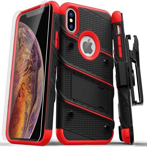 Fori Phone Xs Max case Military Grade Drop Tested with Tempered Glass Screen Protector, Holster, Kickstand Black RED