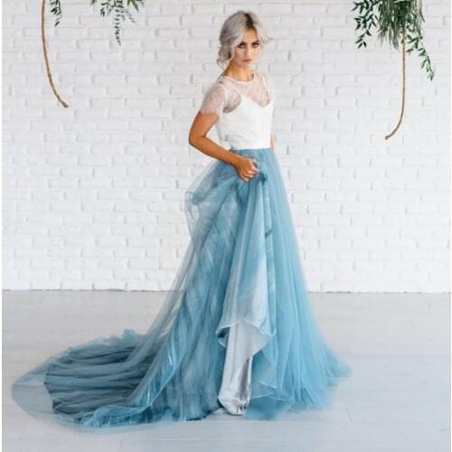 Dusty Blue Long Bridal Tulle Skirts For Photography Romantic Soft Tulle Skirt Women With Train 150 CM Of Back Custom Made