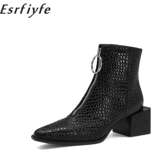 ESRFIYFE 2020 New Autumn Winter Leather Women Ankle Boots Stone Grain Female Boots High Heels Womens Shoes Large Size 34-48