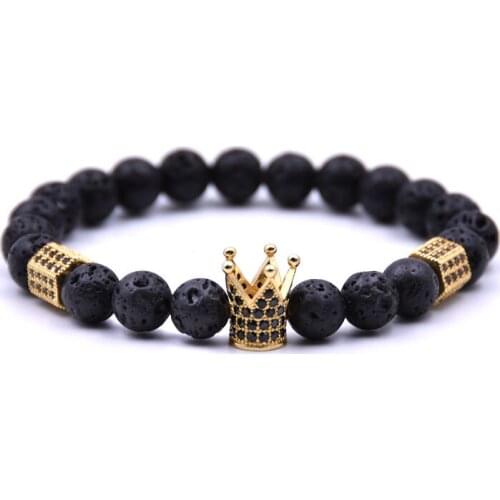 HYHONEY Lava Natural Stone 8mm Beads Micro Pave Zirconia CZ Crown Charm Bracelets & Bangles Gifts Men Jewelry
