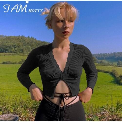 Lace Patched Y2K Cardigan Crop Top Frill Button Up Knitted Long Sleeve Goth Black Elegant T-shirts Sexy V Neck Knitwear Iamhotty