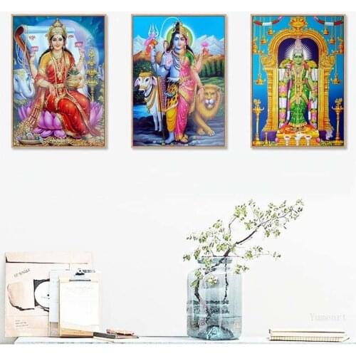 Shiva Parvati Ganesha Indian Art Hindu God Figure Canvas Painting Religious Poster and Print Wall Art Picture Modern Home Decor