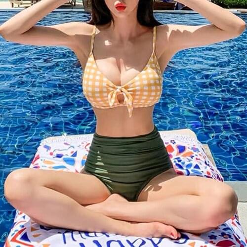 Girls Swimwear Shoulder Strap Split Swimsuit Plaid Gathered Bikini for Youth Womens suit