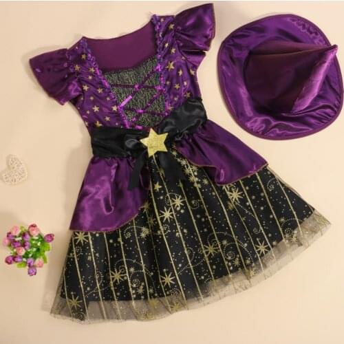 Fashion Girls Kids Dresses Suit Set Halloween Star Patterns Square Neck Fly Sleeve Dress Solid Color Hat Girls Halloween Costume