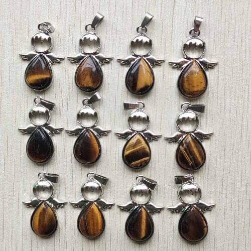 Fashion natural tiger eye stone alloy angel shape pendants for Necklace jewelry making Wholesale 12pcs/lot free shipping