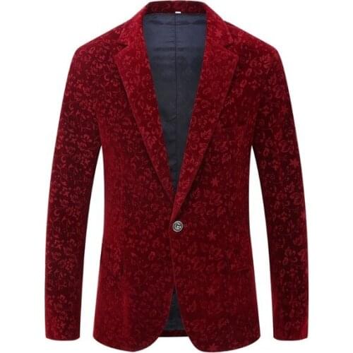 Men Autumn Winter Wine Red Burgundy Velvet Floral Pattern Suit Jacket Slim Fit Blazer Designs Stage Costumes For Singers