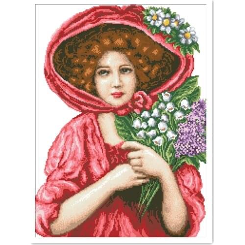 Girl and flowers cross stitch kit woman red dress 18ct 14ct 11ct white fabric cotton thread embroidery DIY handmade needlework
