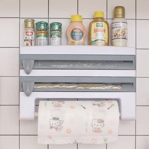 Wall-Mount Paper Towel Holder Sauce Bottle Rack 4 In 1 Cling Film Cutting Holder Mutifunction Kitchen Shelf
