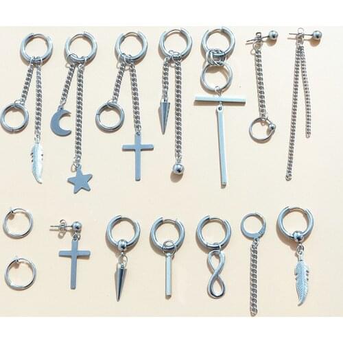 15pcs/set KPOP Earrings Korean Cross Leaf Pendant Chain Stud Earring Hip Pop Punk Jewelry Accessories For Men Women Boys