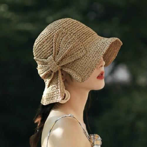 Handmade Bow Sun Hat Wide Brim Floppy Summer Hats for Women Beach Panama Straw Dome Bucket Hat Femme Shade Womens Hat Fashion