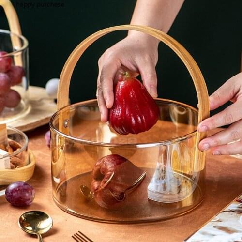 Nordic Living Room Glass Fruit Plate Transparent Ice Bucket Salad Bowl Home Use Snacks Fruit Storage Basket with Wooden Handle