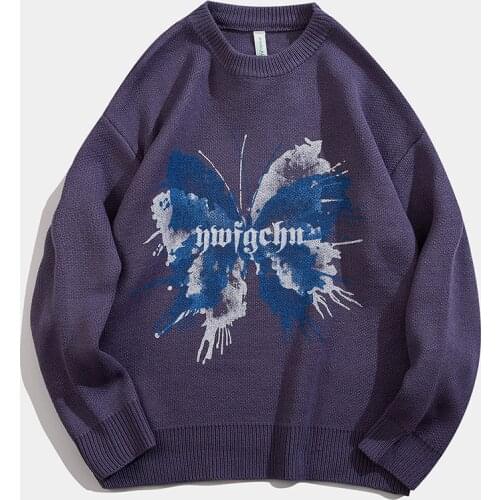 Anime Butterfly Pattern Harajuku Men Sweater 2021 Autumn Oversized Sweaters for Men Spendex Hip Hop Streetwear Mens Sweater