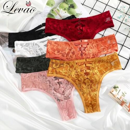 LEVAO Sexy Womens Sport Panties Underwear Seamless Lace Thongs Mid Waist Transparent G-String Comfort Lady Lingerie Tanga