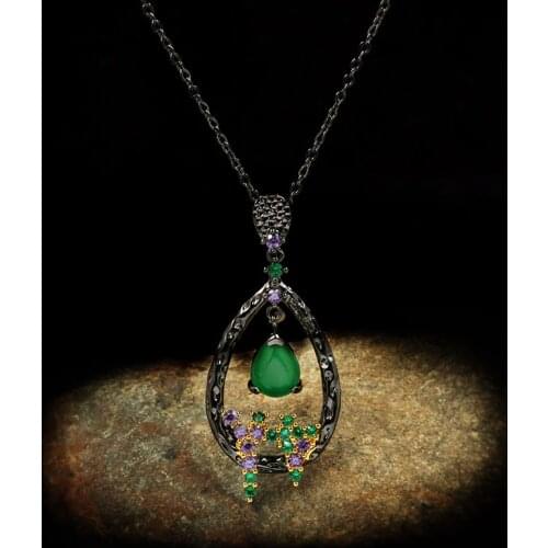 Vintage Luxury Amethyst Emerald Gemstone Pendant Necklace Elegant Hanging Hollow Pendant 925 Silver Ladies Jewelry Necklace