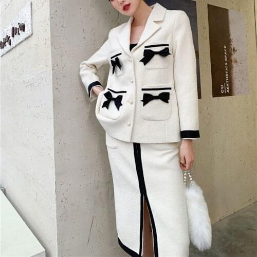 Vintage Wool Suit New Korean Bowknot Black And White Suit Skirt World Bank Elegant Two-Piece Set Female