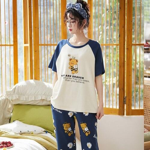 Ladies Homewear Women Short Sleeve Pajamas Sets O-Neck Cute Blue Patchwork Plus Size Summer Cotton Cartoon Bee Bears Sleepwear