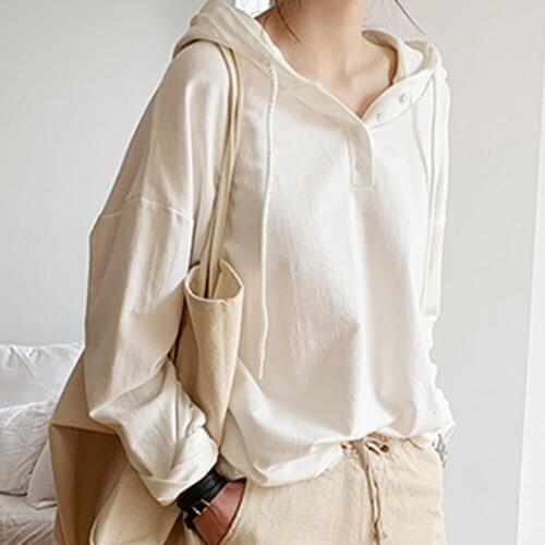 Japanese Style Autumn New 2021 Solid Color Fashion Simplicity Hooded Hoodie Casual Long Sleeve Womens Loose Design