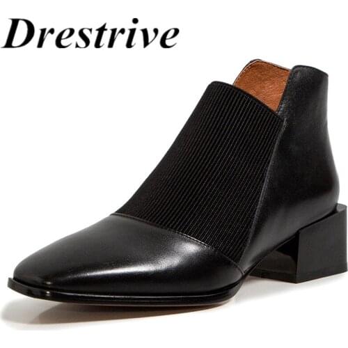 Drestrive Woman Winter Shoes Cow Leather Patchwork Square Heels 4.5 cm Round Toe 2020 Females Ankle Boots Black Genuine Leather