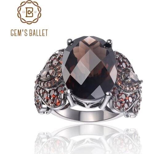 GEMS BALLET 925 Sterling Silver Gemstone Cocktail Rings Special Design OCT Cutting Natural Smoky Quartz Ring For Women Party