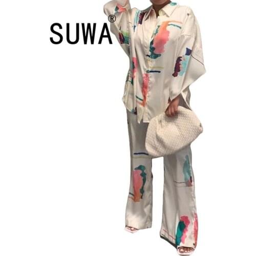 Newest Autumn Office Two Pieces Women Sets Lapel Collar Long Sleeve Casual Loose Shirts Blouses High Waist Pants Tracksuits