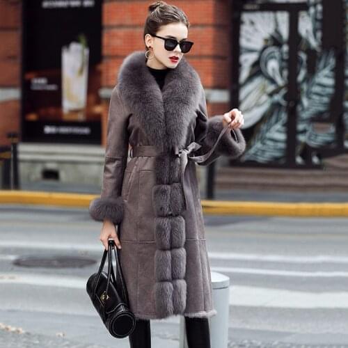 Female Coat With Natural Fox Fur Collar Trim Genuine Rabbit Skin Leather With Fur Lining Long Women Winter Jackets Warm Belt